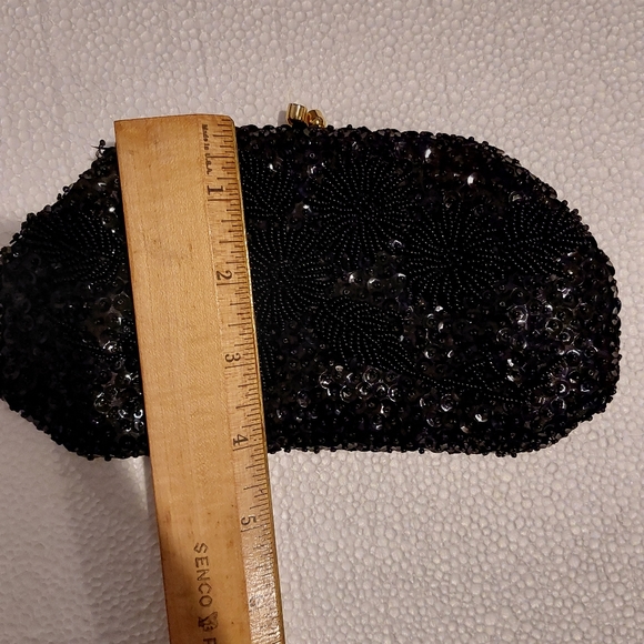 Vintage Gimbels Own Gabrielle Beaded Black Clutch w/ Floral Pattern - Picture 6 of 6